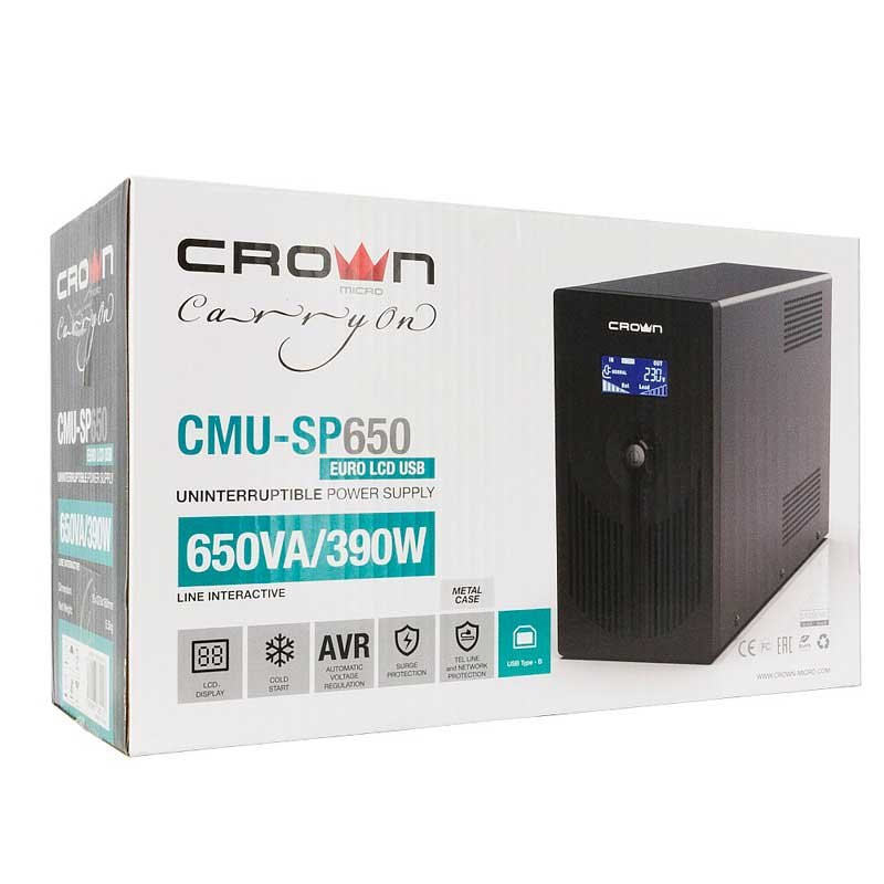 ИБП Crown CMU-SP 650 EURO LCD USB | 0,65 кВа (Китай)  фото 1